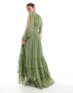 Lace & Beads Bridesmaid Madison Long Sleeve Maxi Dress In Soft Olive For Women -Doll Wear Style 208039606 3