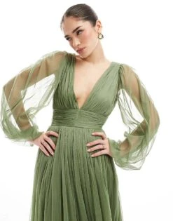 Lace & Beads Bridesmaid Madison Long Sleeve Maxi Dress In Soft Olive For Women -Doll Wear Style 208039606 4