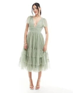 Lace & Beads Bridesmaid Madison Midi Dress In Dusty Sage For Women