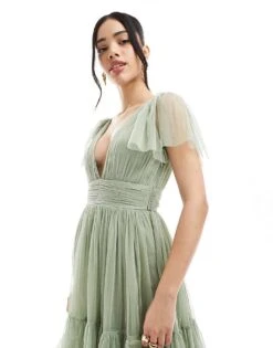 Lace & Beads Bridesmaid Madison Midi Dress In Dusty Sage For Women -Doll Wear Style 208039620 3