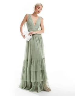 Lace & Beads Bridesmaid Madison Bow Shoulder Maxi Dress In Dusty Sage For Women -Doll Wear Style 208039633 1 dustysage 1