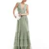 Lace & Beads Bridesmaid Madison Bow Shoulder Maxi Dress In Dusty Sage For Women