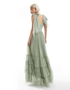 Lace & Beads Bridesmaid Madison Bow Shoulder Maxi Dress In Dusty Sage For Women -Doll Wear Style 208039633 3