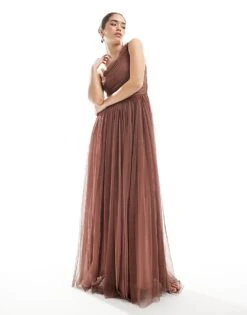Lace & Beads Bridesmaid One Shoulder Tulle Maxi Dress In Warm Brown For Women