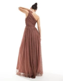 Lace & Beads Bridesmaid One Shoulder Tulle Maxi Dress In Warm Brown For Women -Doll Wear Style 208039640 3