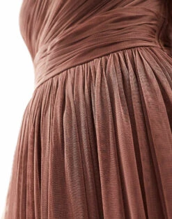 Lace & Beads Bridesmaid One Shoulder Tulle Maxi Dress In Warm Brown For Women -Doll Wear Style 208039640 4