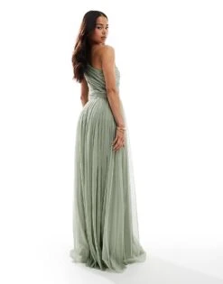 Lace & Beads Bridesmaid One Shoulder Maxi Dress In Dusty Sage For Women -Doll Wear Style 208039648 4