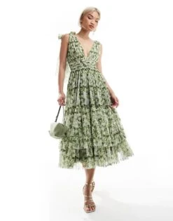 Lace & Beads Bridesmaid Madison Bow Shoulder Midi Dress In Olive Floral For Women
