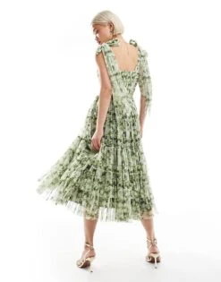 Lace & Beads Bridesmaid Madison Bow Shoulder Midi Dress In Olive Floral For Women -Doll Wear Style 208039652 3