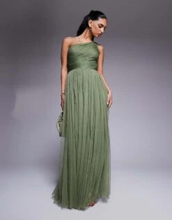 Lace & Beads Bridesmaid One Shoulder Maxi Dress In Soft Olive For Women -Doll Wear Style 208039668 1 softolive 1