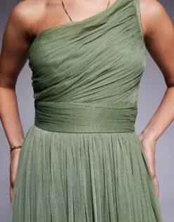 Lace & Beads Bridesmaid One Shoulder Maxi Dress In Soft Olive For Women -Doll Wear Style 208039668 3