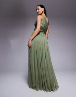 Lace & Beads Bridesmaid One Shoulder Maxi Dress In Soft Olive For Women -Doll Wear Style 208039668 4