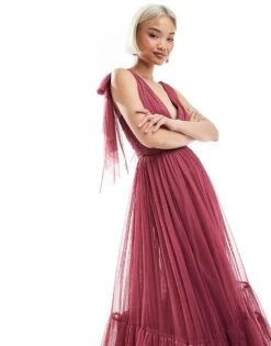Lace & Beads Bridesmaid Madison Bow Shoulder Tiered Maxi Dress In Orchid For Women -Doll Wear Style 208039692 3
