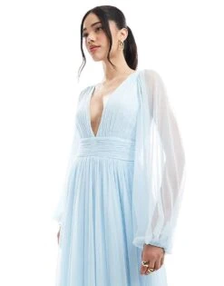 Lace & Beads Bridesmaid Madison Long Sleeve Maxi Dress In Powder Blue For Women -Doll Wear Style 208039695 3