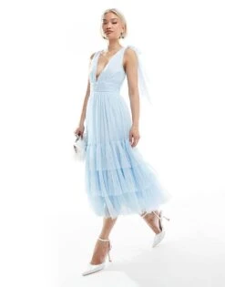 Lace & Beads Bridesmaid Madison Bow Shoulder Tiered Midi Dress In Powder Blue For Women