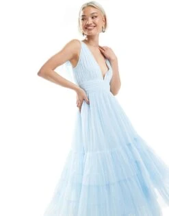 Lace & Beads Bridesmaid Madison Bow Shoulder Tiered Midi Dress In Powder Blue For Women -Doll Wear Style 208039711 3