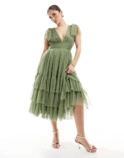 Lace & Beads Bridesmaid Madison Midi Dress In Soft Olive For Women -Doll Wear Style 208039712 1 softolive 1