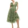 Lace & Beads Bridesmaid Madison Midi Dress In Soft Olive For Women