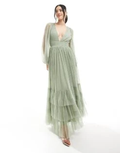 Lace & Beads Bridesmaid Madison Long Sleeve Maxi Dress In Dusty Sage For Women