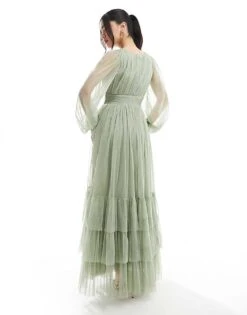 Lace & Beads Bridesmaid Madison Long Sleeve Maxi Dress In Dusty Sage For Women -Doll Wear Style 208039720 3