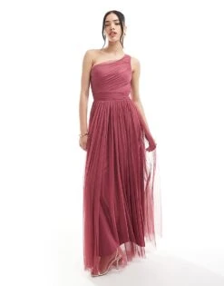 Lace & Beads Bridesmaid One Shoulder Tulle Maxi Dress In Orchid For Women