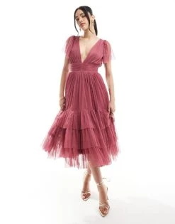 Lace & Beads Bridesmaid Madison Midi Dress In Orchid For Women