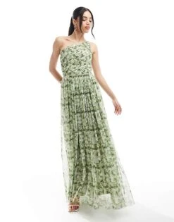 Lace & Beads Bridesmaid One Shoulder Maxi Dress In Olive Floral For Women -Doll Wear Style 208039751 1 olivefloral 1
