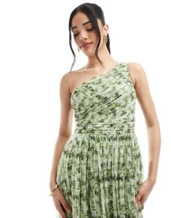 Lace & Beads Bridesmaid One Shoulder Maxi Dress In Olive Floral For Women -Doll Wear Style 208039751 4