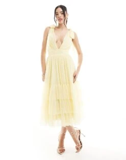 Lace & Beads Bridesmaid Madison Bow Shoulder Midaxi Dress In Butter Yellow For Women Buttercup -Doll Wear Style 208039767 1 buttercup 1