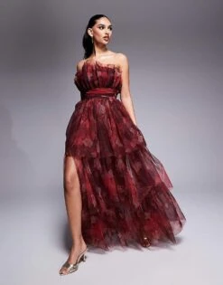 Lace & Beads Bandeau Tulle Maxi Dress In Red Rose Floral For Women Deep Red Rose -Doll Wear Style 208062779 1 deepredrose 1