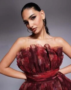 Lace & Beads Bandeau Tulle Maxi Dress In Red Rose Floral For Women Deep Red Rose -Doll Wear Style 208062779 2