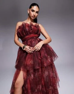 Lace & Beads Bandeau Tulle Maxi Dress In Red Rose Floral For Women Deep Red Rose -Doll Wear Style 208062779 3