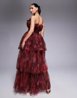 Lace & Beads Bandeau Tulle Maxi Dress In Red Rose Floral For Women Deep Red Rose -Doll Wear Style 208062779 4