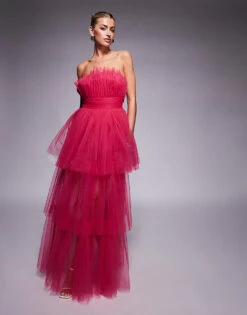 Lace & Beads Bandeau Tulle Maxi Dress In Bright Pink For Women