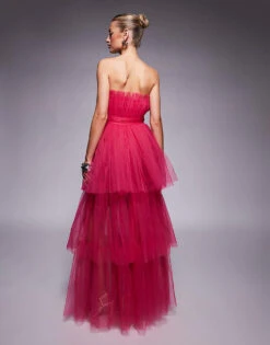 Lace & Beads Bandeau Tulle Maxi Dress In Bright Pink For Women -Doll Wear Style 208062795 3
