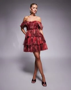 Lace & Beads Off Shoulder Corset Tulle Mini Dress In Red Rose Print For Women Deep Red Rose