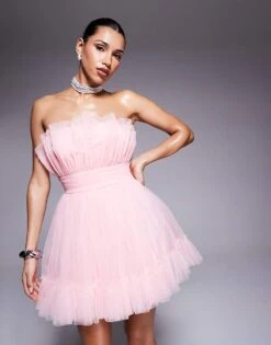 Lace & Beads Bandeau Structured Mini Dress In Baby Pink For Women -Doll Wear Style 208062819 3