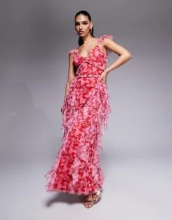 Lace & Beads Ruffle Midaxi Tulle Dress In Red And Pink Floral For Women Red & Pink Floral -Doll Wear Style 208062827 1 redpinkfloral 1