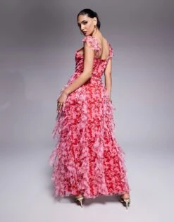 Lace & Beads Ruffle Midaxi Tulle Dress In Red And Pink Floral For Women Red & Pink Floral -Doll Wear Style 208062827 3