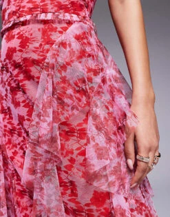 Lace & Beads Ruffle Midaxi Tulle Dress In Red And Pink Floral For Women Red & Pink Floral -Doll Wear Style 208062827 4