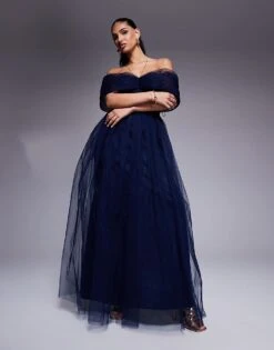 Lace & Beads Bow Off Shoulder Tulle Maxi Dress In Navy For Women