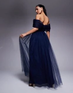 Lace & Beads Bow Off Shoulder Tulle Maxi Dress In Navy For Women -Doll Wear Style 208062835 3