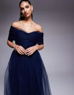 Lace & Beads Bow Off Shoulder Tulle Maxi Dress In Navy For Women -Doll Wear Style 208062835 4