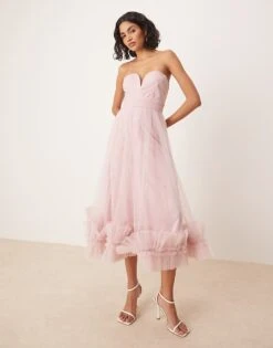 Lace & Beads Corset Tulle Ruffle Hem Midaxi Dress In Powder Pink For Women