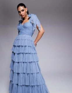 Lace & Beads Bow Shoulder Tiered Tulle Maxi Dress In Dusty Blue For Women -Doll Wear Style 208062866 1 dustyblue 1
