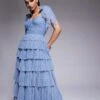 Lace & Beads Bow Shoulder Tiered Tulle Maxi Dress In Dusty Blue For Women