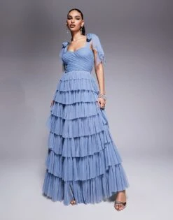 Lace & Beads Bow Shoulder Tiered Tulle Maxi Dress In Dusty Blue For Women -Doll Wear Style 208062866 3