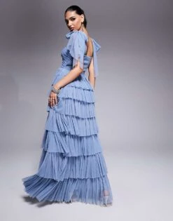Lace & Beads Bow Shoulder Tiered Tulle Maxi Dress In Dusty Blue For Women -Doll Wear Style 208062866 4