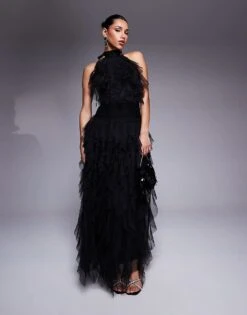 Lace & Beads Backless Ruffle Tulle Maxi Dress In Black For Women -Doll Wear Style 208062874 1 black 1