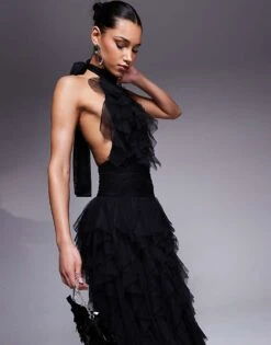 Lace & Beads Backless Ruffle Tulle Maxi Dress In Black For Women -Doll Wear Style 208062874 3